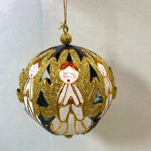 VTG Glittery 3D Cut Filigree Gold 6 Angels Metal Ball Christmas Ornament